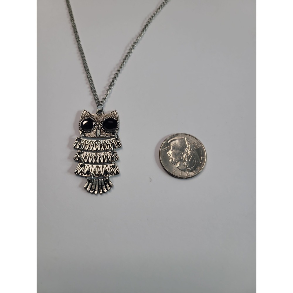 Silver Tone Articulated Owl Pendant Necklace Black Eyes Boho Statement Jewelry - Picture 7 of 9